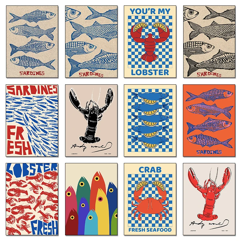 Resin Art Wall - カラフルなイワシロブスター蟹魚海洋動物ポスターダイヤモンド絵画ヴィンテージウォールアートキッチンリビングルーム家の装飾用