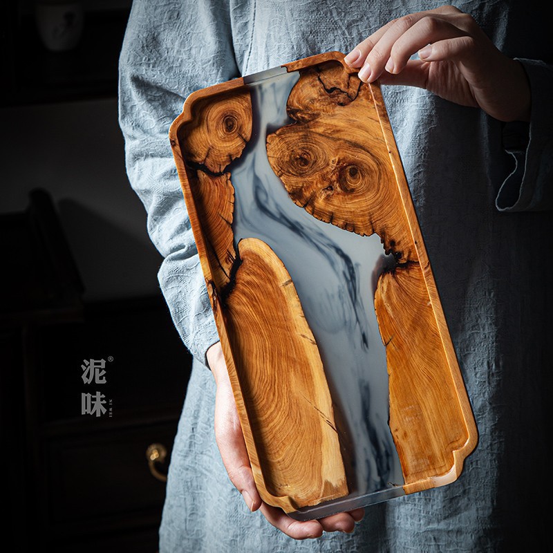 Resin Art Wooden Tray - 日本の禅スタイルのトゥジャウッドインクアートティートレイ、樹脂製ドライブリューボード（ポットレスト付き）家庭用