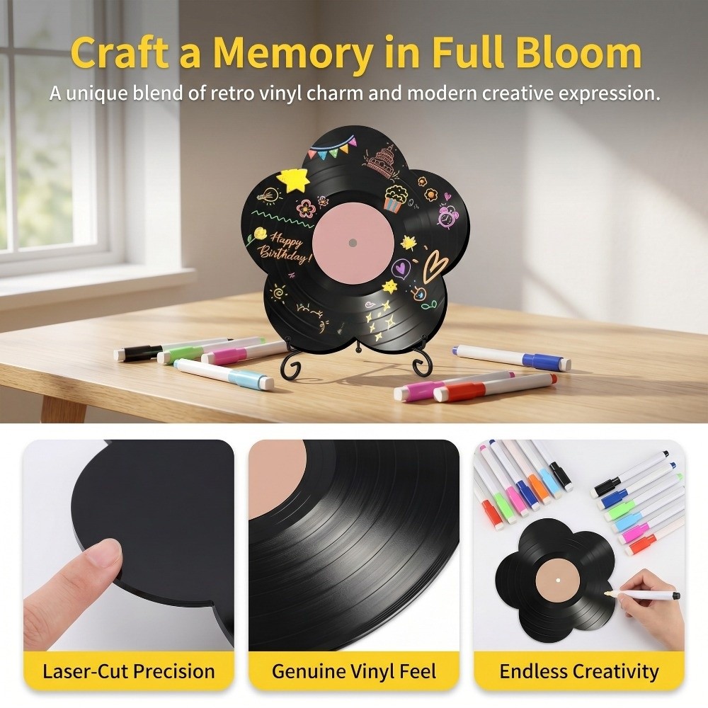 Resin Art Pen - クリエイティブな花の形のビニールレコードオーナメント装飾アートDIYグラフィティディスク（マーカーペン付き）アイアンラックアクリル装飾ホームデコレーション
