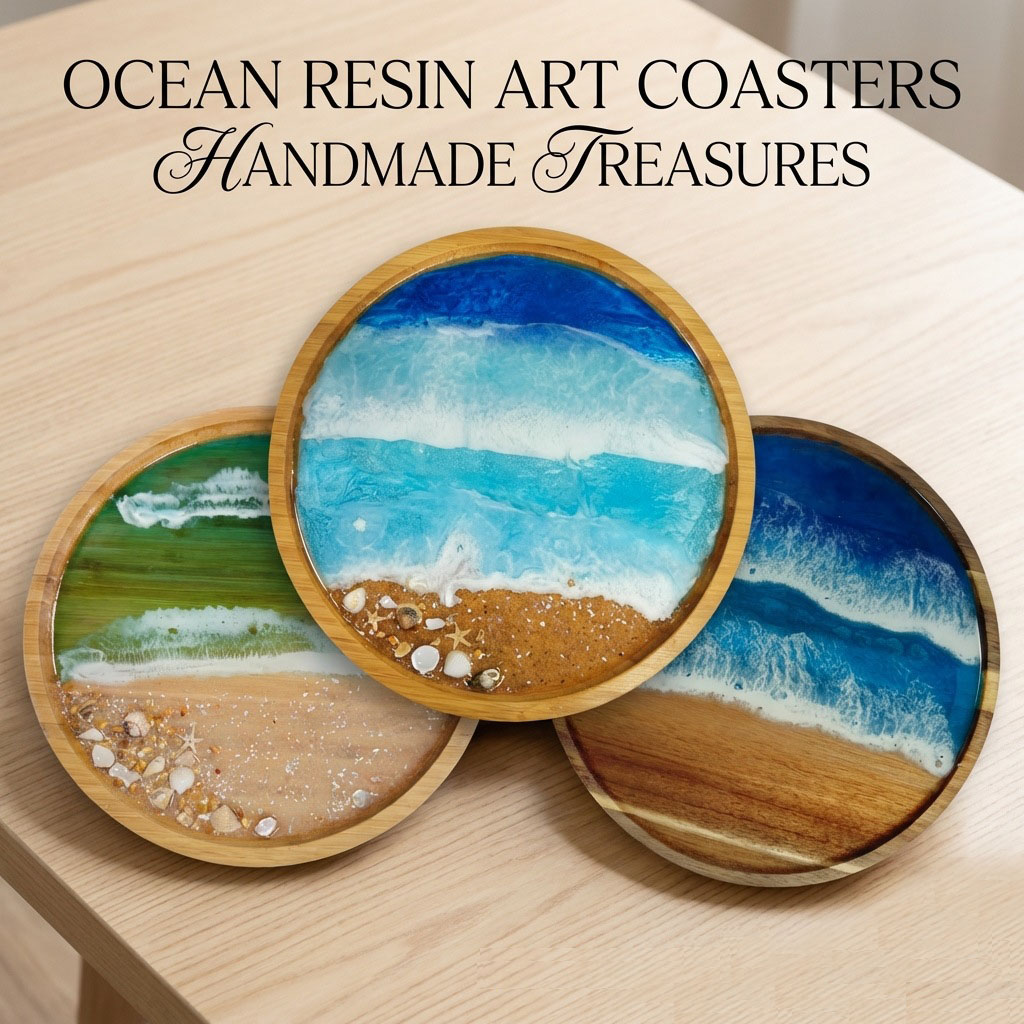 Resin Art Wooden Tray - 木製サービングトレイ、オーシャンレジンアート付き、ホームデコレーション用丸型木製トレイ、コーヒーテーブル用サービングトレイ、ホームテーブル用装飾トレイ