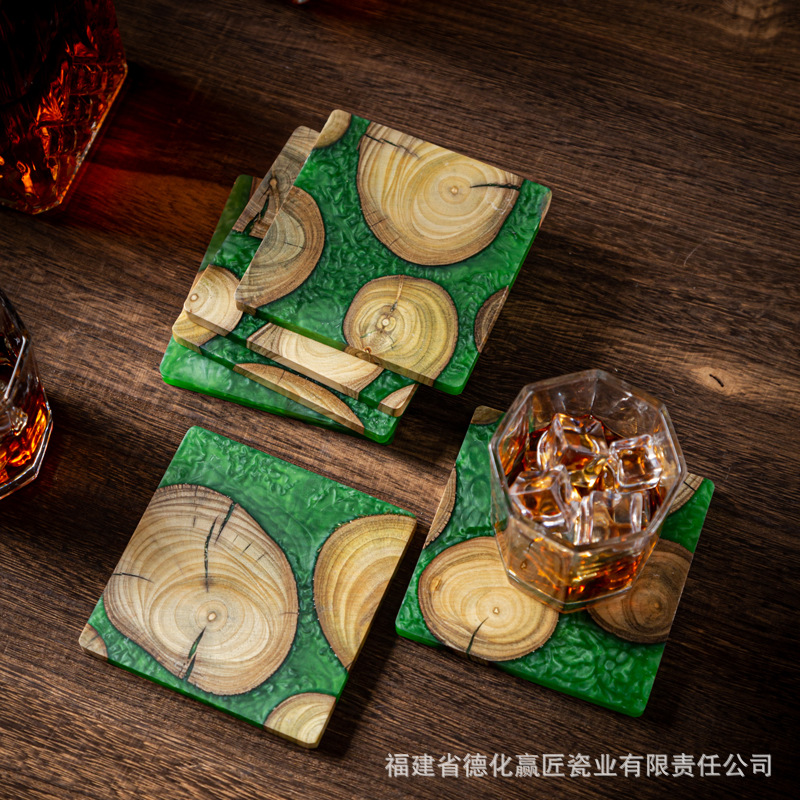 Resin Art Wooden Tray - 禅インクアートドライブリューティートレイ、ツゲと樹脂製、多機能耐熱ティーサービングボード