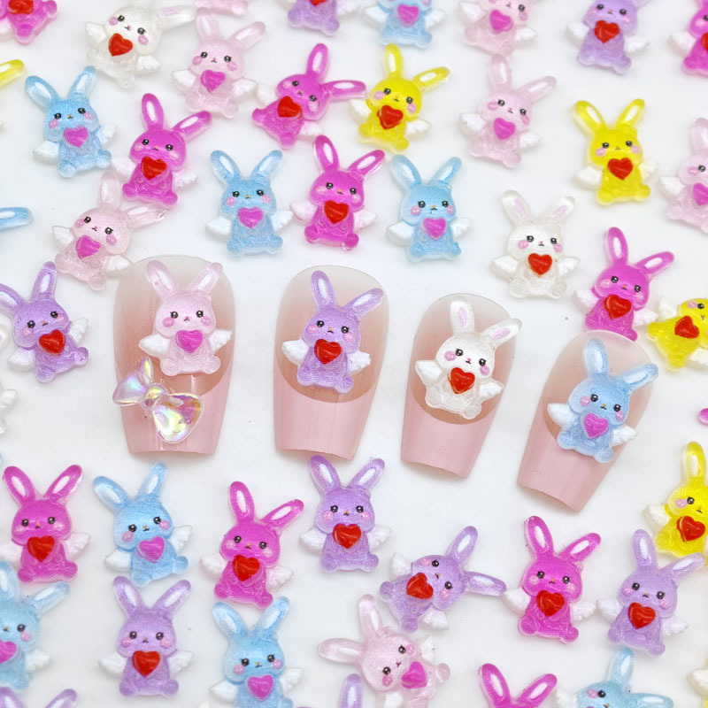 Resin Art Accessories - 新しい可愛いエンジェルラブの漫画風ウサギのネイルアートアクセサリー - 長耳のウサギがネイルデコレーションとしてネイルアートアクセサリーに使われています。