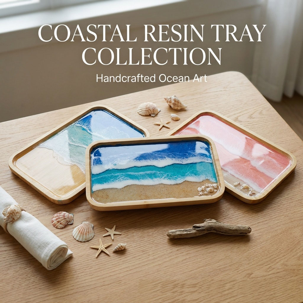 Resin Art Wooden Tray - エポキシ樹脂オーシャンアート装飾トレイ、コーヒー、ダイニングテーブル、カウンタートップ用、木製サービングトレイ、キッチン、ホーム、リビングルームの装飾に