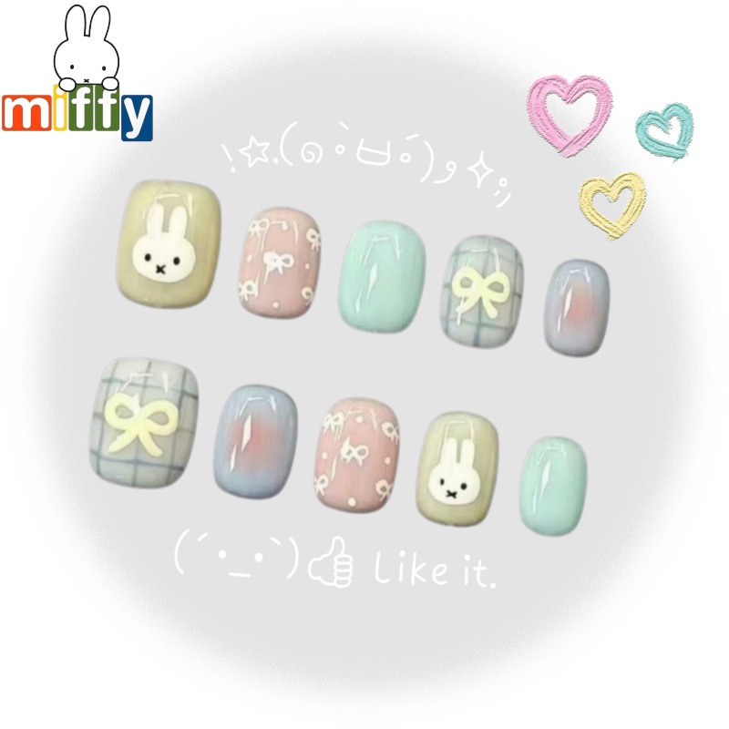 Resin Art Accessories - ミッフィーバニー | ふわふわマカロンカラーのミッフィー、リボン付き、短い丸い爪、肌を明るく見せる若々しい、スイートガールスタイル