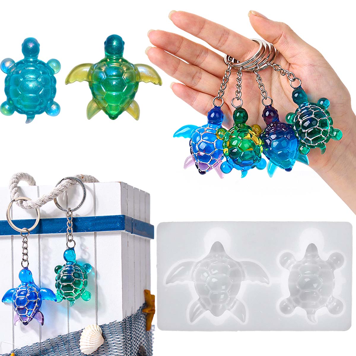 Silicone Mold Ocean - 3D ウミガメキーホルダーシリコーン型 DIY 海洋テーマ動物装飾品亀カメクラフト作成 UV エポキシ樹脂ジュエリー金型