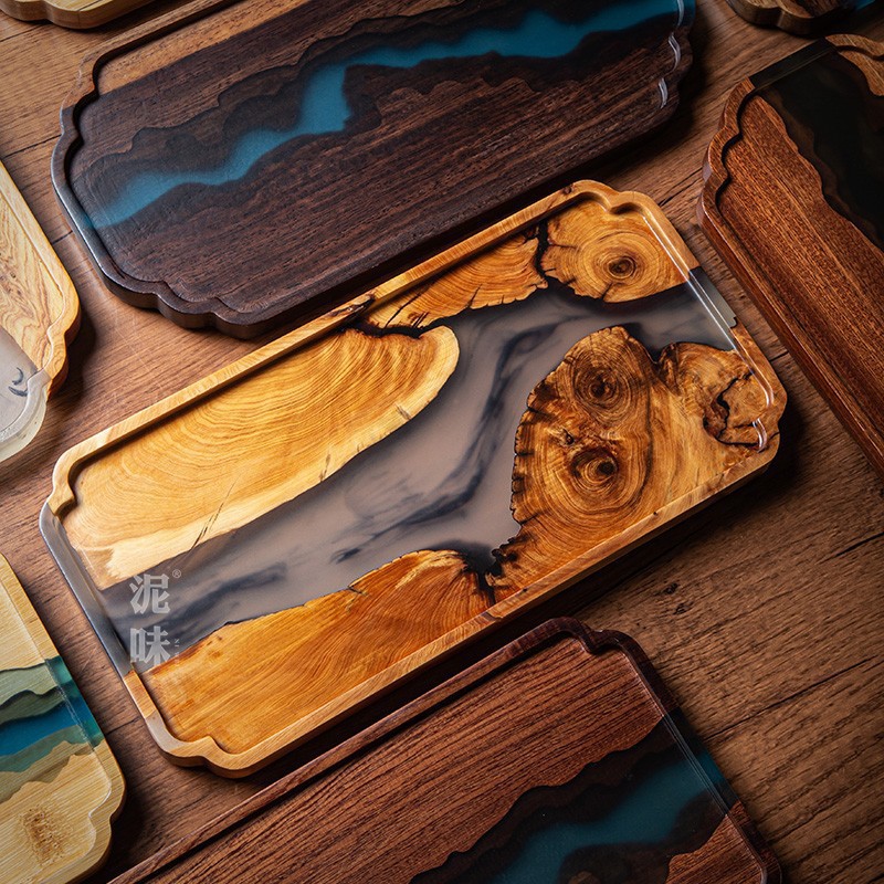 日本の禅スタイルのトゥジャウッドインクアートティートレイ、樹 - Resin Art Wooden Tray のレビューと価格