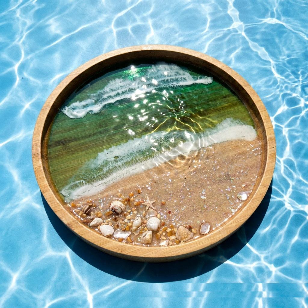 木製サービングトレイ、オーシャンレジンアート付き、ホームデコ - Resin Art Wooden Tray のレビューと価格