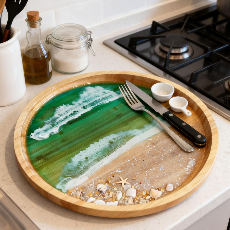 木製サービングトレイ、オーシャンレジンアート付き、ホームデコ - Resin Art Wooden Tray のレビューと価格